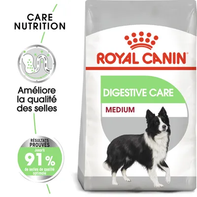 Royal Canin Digestive Care Medium pour chien, améliore la qualité des selles, résultats prouvés jusqu’à 91 % de selles de qualité optimale, illustration d’un chien noir et blanc sur l’emballage.