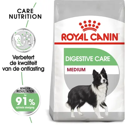 Royal Canin Digestive Care Medium hondenvoerzak, tekst: 'Verbetert de kwaliteit van de ontlasting', 'Bewezen resultaten tot 91% optimale stoelgang', afbeelding hond op verpakking.