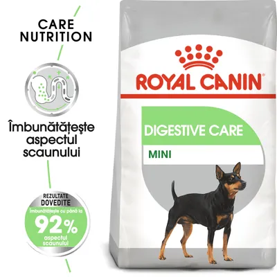 Pachet Royal Canin Digestive Care Mini cu imagine câine, text: Îmbunătățește aspectul scaunului, rezultate dovedite până la 92 %, CARE NUTRITION.
