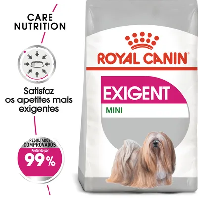 Royal Canin Exigent Mini. Satisfaz os apetites mais exigentes. Resultados comprovados: preferido por 99%. Imagem de cão pequeno na embalagem.