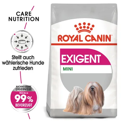 Royal Canin Exigent Mini. Stellt auch wählerische Hunde zufrieden. Nachweisbare Ergebnisse: Wird bis zu 99% bevorzugt.
