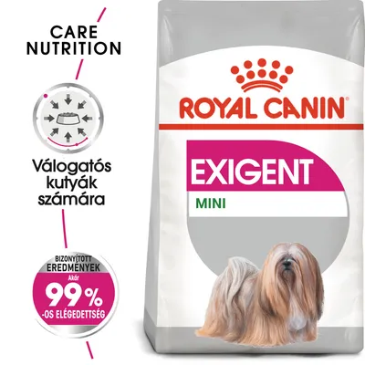 ROYAL CANIN EXIGENT MINI kutyatáp csomagolás, válogatós kutyák számára. Bizonyított eredmények: akár 99%-os elégedettség. Hosszú szőrű kistestű kutya képe.