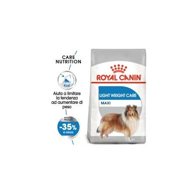 ROYAL CANIN LIGHT WEIGHT CARE MAXI, sacco con cane, claim: aiuta a limitare la tendenza ad aumentare di peso, -35% di grassi rispetto al prodotto standard, Care Nutrition.