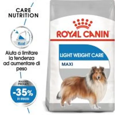 ROYAL CANIN LIGHT WEIGHT CARE MAXI, sacco con cane, claim: aiuta a limitare la tendenza ad aumentare di peso, -35% di grassi rispetto al prodotto standard, Care Nutrition.