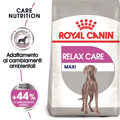 Royal Canin Relax Care Maxi, adattamento ai cambiamenti ambientali, risultati provati +44% di comportamenti normali, confezione con immagine di cane e scritte visibili.