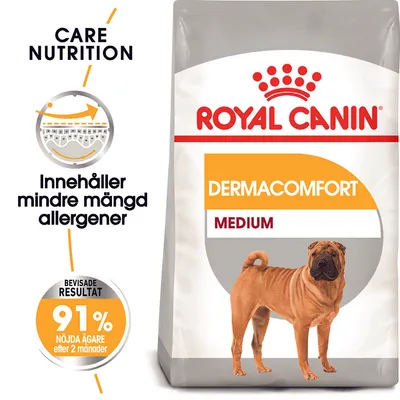 Royal Canin Dermacomfort Medium hundfoder. Text: Innehåller mindre mängd allergener, 91 % nöjda ägare efter 2 månader. Bild på hund och förpackning.