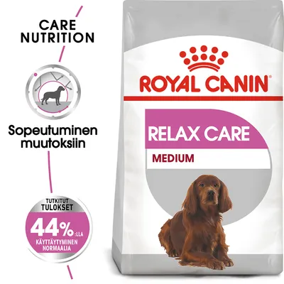 Royal Canin Relax Care Medium -koiranruokapakkaus, tekstit: Sopeutuminen muutoksiin, tutkitut tulokset 44 %:lla käyttäytyminen normaalia, Care Nutrition. Royal Canin Relax Care Medium -koiranruokapakkaus, tekstit: Sopeutuminen muutoksiin, tutkitut tulokset 44 %:lla käyttäytyminen normaalia, Care Nutrition.