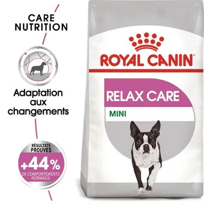 ROYAL CANIN RELAX CARE MINI, adaptation aux changements, résultats prouvés +44 % de comportements normaux, sac avec illustration de chien. Care Nutrition visible.