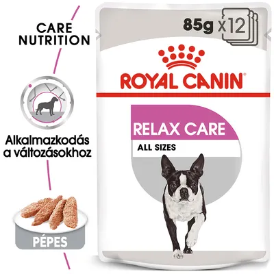Royal Canin Relax Care All Sizes, 85 g x12, pépes kutyaeledel. Alkalmazkodás a változásokhoz. CARE NUTRITION felirat, fekete-fehér kutya képe.