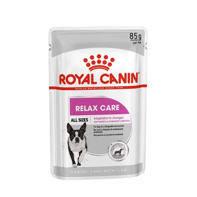 Royal Canin Relax Care All Sizes, 85 g. Embalagem com cão e texto: 'Adaptação a mudanças'. Indicação em inglês, italiano e espanhol para cães em ambiente de mudança.