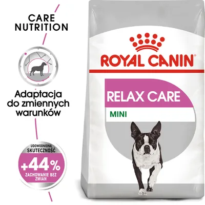 ROYAL CANIN RELAX CARE MINI, Adaptacja do zmiennych warunków, udowodniona skuteczność +44% zachowanie bez zmian, opakowanie z psem rasy buldog francuski