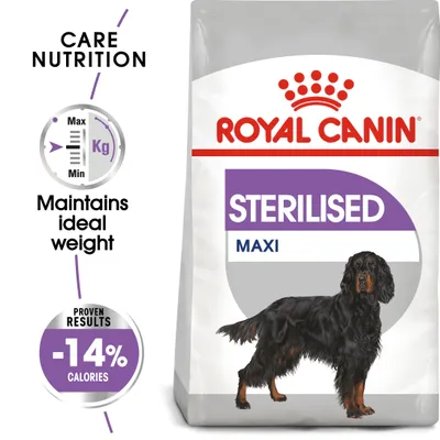 Sterilised Maxi food maintains ideal weight with proven results of 14% fewer calories, as shown on packaging and care nutrition guide.