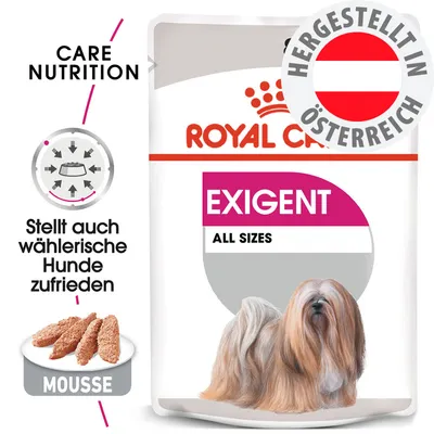 Royal Canin Exigent All Sizes, Care Nutrition, Mousse, stellt auch wählerische Hunde zufrieden, hergestellt in Österreich. Royal Canin Exigent All Sizes, Care Nutrition, Mousse, stellt auch wählerische Hunde zufrieden, hergestellt in Österreich.