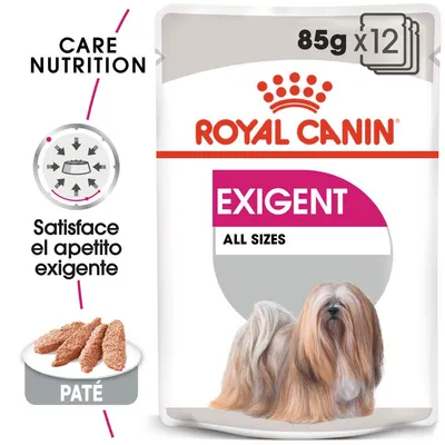 Royal Canin Exigent All Sizes, paté para perros, pack de 12 sobres de 85 g. Satisface el apetito exigente. Imagen de perro pequeño de pelo largo en el envase.
