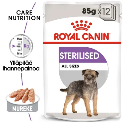Royal Canin Sterilised All Sizes koiran märkäruoka, 85 g x12. Mureke. Ylläpitää ihannepainoa. Kuvassa pieni koira ja asteikko Max–Min Kg.