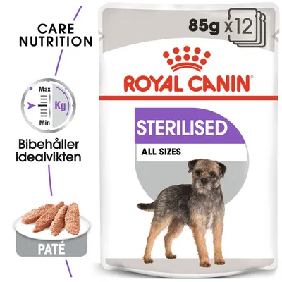 Royal Canin Sterilised All Sizes våtfoder för hund, 85 g x12. Text: Bibehåller idealvikten, Paté. Bild på liten hund och patébitar. Care Nutrition syns.