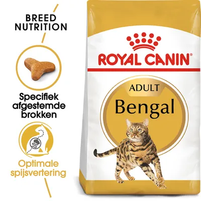 Royal Canin Adult Bengal kattenvoer, tekst: Specifiek afgestemde brokken, Optimale spijsvertering, afbeelding van een Bengal kat en brokvorm zichtbaar op de verpakking.