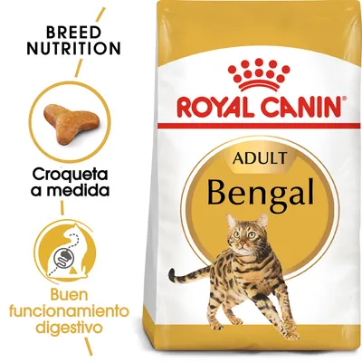 Royal Canin Adult Bengal, croqueta a medida, buen funcionamiento digestivo. Imagen de un gato bengalí en el envase. Texto adicional: Breed Nutrition.