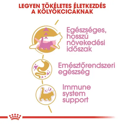 Legyen tökéletes életkezdés a kölyökkcicáknak. Egészséges, hosszú növekedési időszak. Emésztőrendszeri egészség. Immune system support.