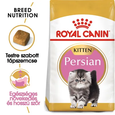 ROYAL CANIN KITTEN Persian macskaeledel csomagolás, testre szabott tápszemcse képe, szöveg: Egészséges növekedés és hosszú szőr