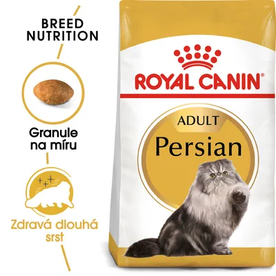 Balení krmiva ROYAL CANIN ADULT Persian s obrázkem perské kočky, texty: Granule na míru, Zdravá dlouhá srst, BREED NUTRITION. Balení krmiva ROYAL CANIN ADULT Persian s obrázkem perské kočky, texty: Granule na míru, Zdravá dlouhá srst, BREED NUTRITION.