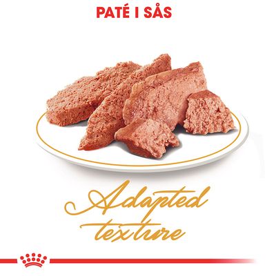 Paté i sås på tallrik, text: Adapted texture