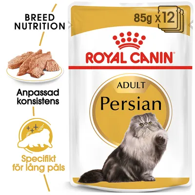 Royal Canin Adult Persian våtfoder 85 g x12, anpassad konsistens, specifikt för lång päls. Bild på perserkatt och foderbitar. Synlig text: Breed Nutrition, Anpassad konsistens.