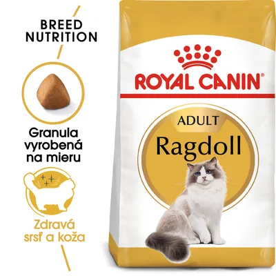 Royal Canin Adult Ragdoll, granula vyrobená na mieru, zdravá srsť a koža. Balenie krmiva s obrázkom mačky ragdoll a textom Breed Nutrition.