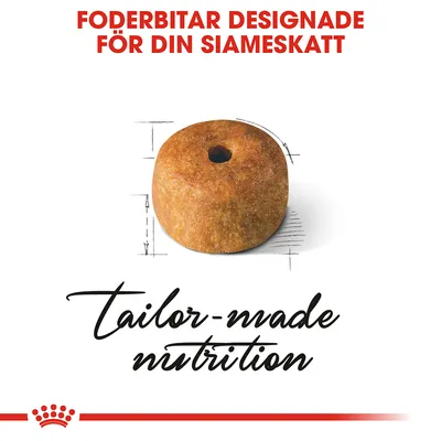 Foderbit med text: FODERBITAR DESIGNADE FÖR DIN SIAMESKATT. tailor-made nutrition.