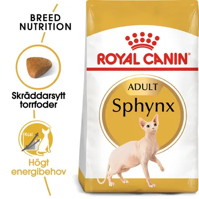 Royal Canin Adult Sphynx torrfoder. Text: Skräddarsytt torrfoder, Högt energibehov. Bild på foderbit och Sphynxkatt. Breed Nutrition synligt.