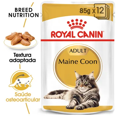 Royal Canin Adult Maine Coon, 85 g x12. Textos visíveis: Breed Nutrition, Textura adaptada, Saúde osteoarticular. Imagem de comida húmida e gato Maine Coon na embalagem.