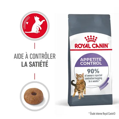 Royal Canin Appetite Control, aide à contrôler la satiété, 90% of owners reported controlled begging in 4 weeks, croquette en forme d’anneau, texte en anglais et français visible sur l’emballage.