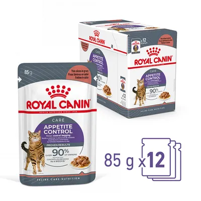 Royal Canin Appetite Control Care dla kotów, 12 saszetek po 85 g. Widoczne opakowanie zbiorcze i pojedyncza saszetka z kawałkami w sosie. Napis: 90% właścicieli potwierdza skuteczność.