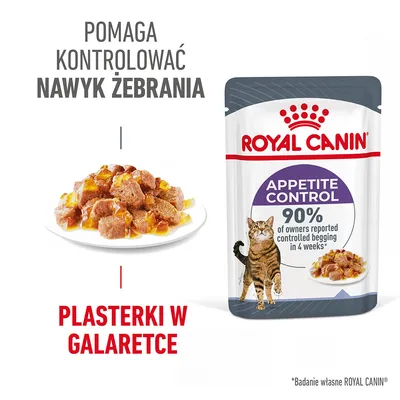 ROYAL CANIN Appetite Control, plasterki w galaretce. Pomaga kontrolować nawyk żebrania. 90% właścicieli zgłosiło kontrolę żebrania w 4 tygodnie. Plasterki w galaretce.