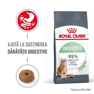 Pachet Royal Canin Digestive pentru pisici, text vizibil: „Ajută la susținerea sănătății digestive”, „95% healthy stool quality in 10 days”, imagine crochetă și simbol stomac.