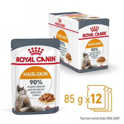 Royal Canin Hair & Skin natvoer voor katten, 85 g x 12. 90% van de eigenaren zagen betere huid- en vachtkwaliteit na 3 weken. Volgens een interne studie van Royal Canin. Royal Canin Hair & Skin natvoer voor katten, 85 g x 12. 90% van de eigenaren zagen betere huid- en vachtkwaliteit na 3 weken. Volgens een interne studie van Royal Canin.