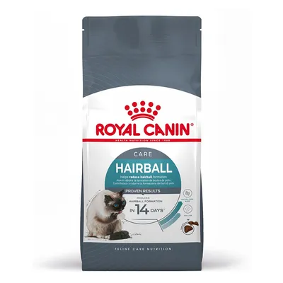 Sachet Royal Canin Care Hairball pour chats, texte visible : aide à réduire la formation de boules de poils, résultats prouvés en 14 jours, image d’un chat et croquettes. Sachet Royal Canin Care Hairball pour chats, texte visible : aide à réduire la formation de boules de poils, résultats prouvés en 14 jours, image d’un chat et croquettes.