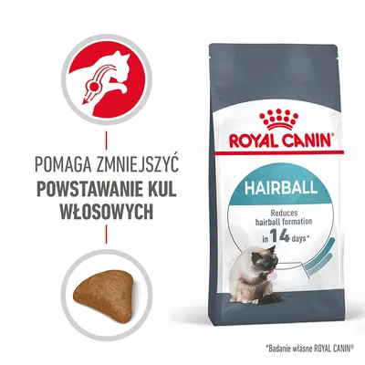 ROYAL CANIN Hairball, pomaga zmniejszyć powstawanie kul włosowych, redukcja w 14 dni. Widoczny kształt granulki i kot. Tekst: Reduces hairball formation in 14 days.