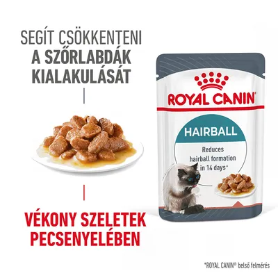 ROYAL CANIN Hairball macskaeledel tasak, vékony szeletek pecsenyelében. Segít csökkenteni a szőrlabdák kialakulását. Macska és tál étel látható.