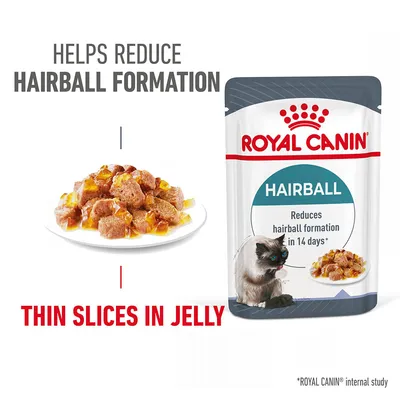 Helps reduce hairball formation. Thin slices in jelly. Reduces hairball formation in 14 days, based on Royal Canin internal study.