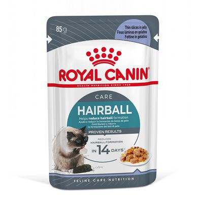 Royal Canin Care Hairball natvoer voor katten, 85 g. Vermindert haarbalvorming in 14 dagen. Dunne plakjes in gelei. Afbeelding van kat en voer op de verpakking.