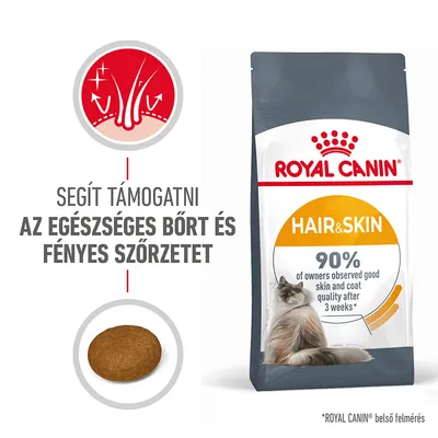 Royal Canin Hair & Skin macskaeledel csomag, szöveg: Segít támogatni az egészséges bőrt és fényes szőrzetet. 90% of owners observed good skin and coat quality after 3 weeks.