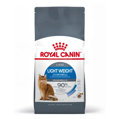 Royal Canin Care Light Weight para gatos. Texto visible: 'Helps limit weight gain', 'Over 90% of cats achieved a healthier weight in 8 weeks'. Imagen de un gato y croquetas.