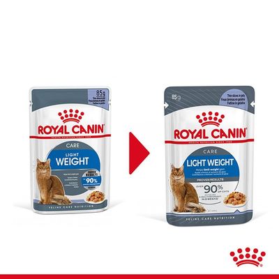 Две опаковки Royal Canin Care Light Weight 85 г за котки, показващи промяна в дизайна. Видими са марката, продуктът и изображение на котка върху всяка опаковка.