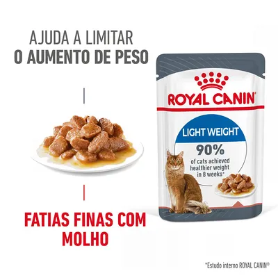 ROYAL CANIN Light Weight, fatias finas com molho. Ajuda a limitar o aumento de peso. 90% of cats achieved healthier weight in 8 weeks. Texto em inglês. ROYAL CANIN Light Weight, fatias finas com molho. Ajuda a limitar o aumento de peso. 90% of cats achieved healthier weight in 8 weeks. Texto em inglês.