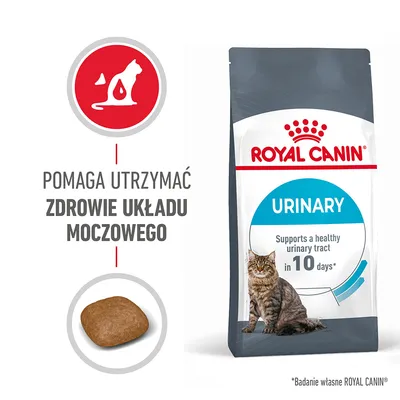 ROYAL CANIN URINARY karma dla kotów, napis: pomaga utrzymać zdrowie układu moczowego, widoczny granulat i kot. Tekst po angielsku: supports a healthy urinary tract in 10 days.