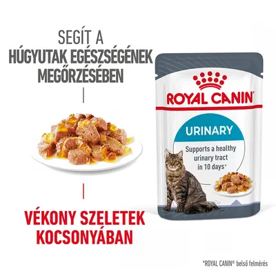 Royal Canin Urinary macskaeledel tasak, vékony szeletek kocsonyában. Szöveg: Segít a húgyutak egészségének megőrzésében. Supports a healthy urinary tract in 10 days.