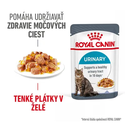 ROYAL CANIN URINARY, tenké plátky v želé. Pomáha udržiavať zdravie močových ciest. Na obale mačka a miska s krmivom. Text v angličtine: Supports a healthy urinary tract in 10 days.