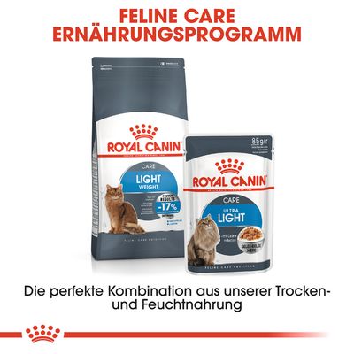 ROYAL CANIN Care Light Weight suha hrana i Ultra Light mokra hrana za mačke. Tekst na njemačkom: Feline Care Ernährungsprogramm, Die perfekte Kombination aus unserer Trocken- und Feuchtnahrung.