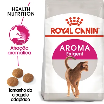 Royal Canin Aroma Exigent para gatos. Texto visível: Health Nutrition, Atração aromática, Tamanho do croquete adaptado. Imagem de croquetes e gato na embalagem. Royal Canin Aroma Exigent para gatos. Texto visível: Health Nutrition, Atração aromática, Tamanho do croquete adaptado. Imagem de croquetes e gato na embalagem.